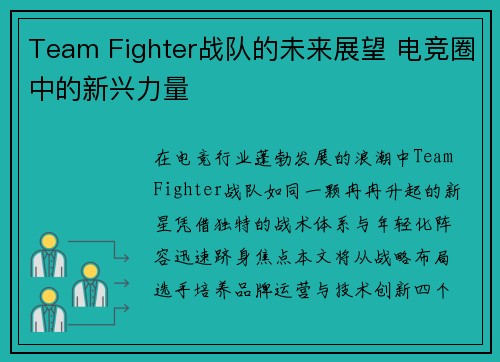 Team Fighter战队的未来展望 电竞圈中的新兴力量