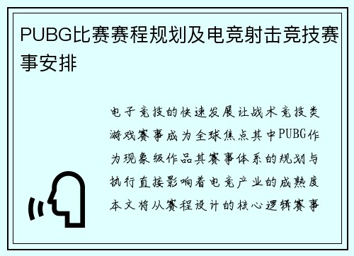 PUBG比赛赛程规划及电竞射击竞技赛事安排