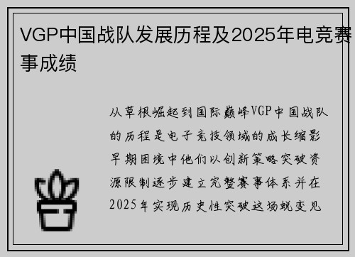 VGP中国战队发展历程及2025年电竞赛事成绩