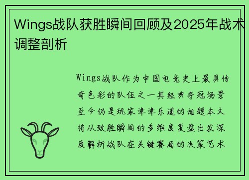 Wings战队获胜瞬间回顾及2025年战术调整剖析